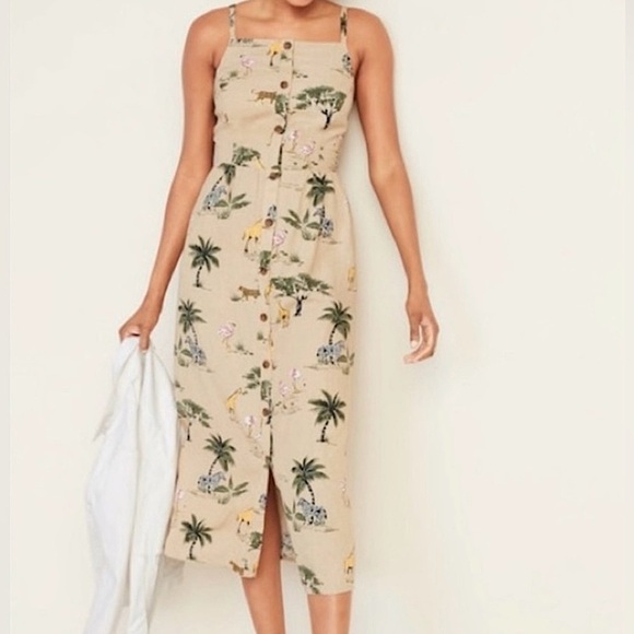 Old Navy Beige Linen Blend Safari Animal Palm Print Midi Dress Size XXL 2XL - Picture 1 of 16